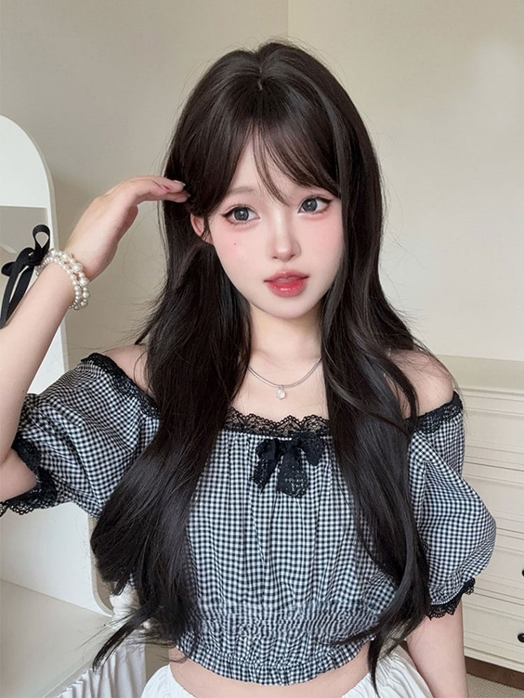 Wig Tea Length Bangs With Curtain 73CM Black Wavy