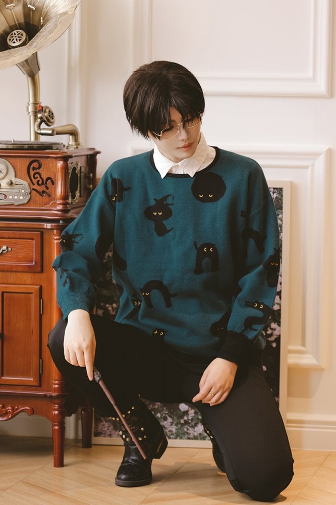 Pull Lolita avec cravate et motif chat noir pour Halloween