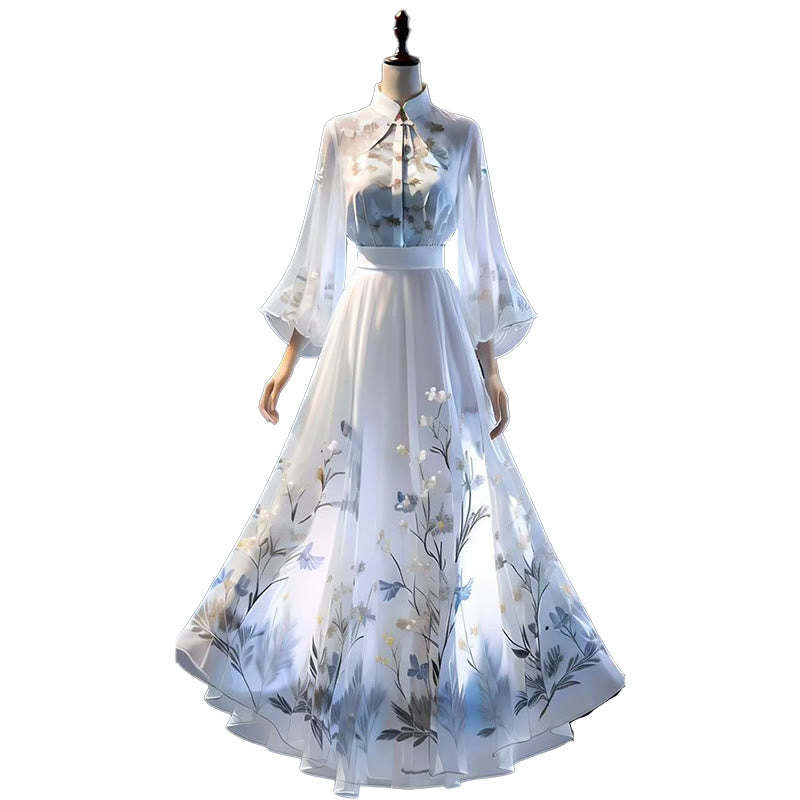 Jupe chemise à manches longues à imprimé floral traditionnel