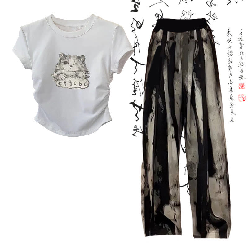 T-shirt imprimé chat de dessin animé, pantalon ample imprimé peinture délavée