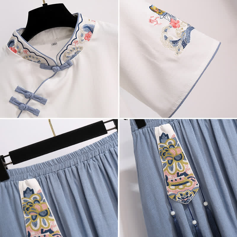 Chemise Hanfu blanche vintage à boucles et jupe à pampilles