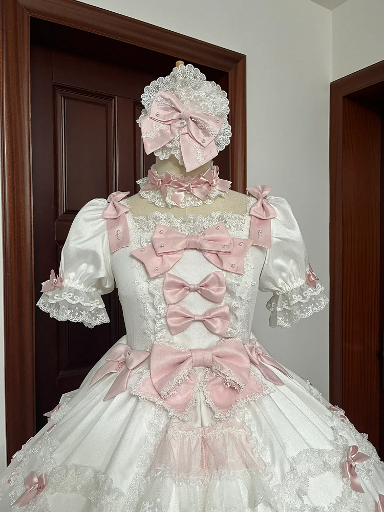 Detachable Princess Sakura Accents Sleeves with Waist Pink Lolita High Bow Sweet Dress White