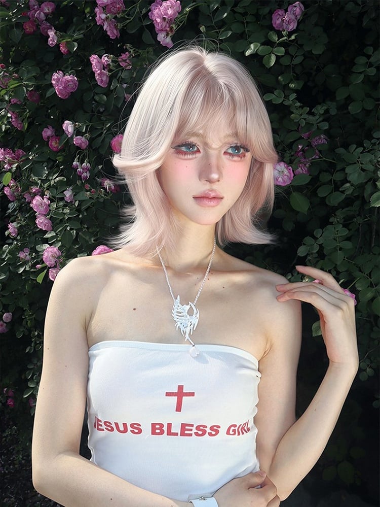 Bangs Light Curtain Length Wig 35CM Pink With Short