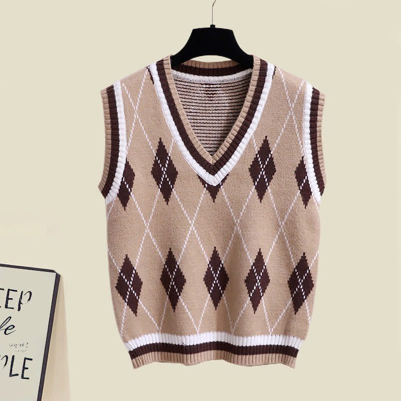 Ensemble chemise plissée à revers et cravate avec gilet à imprimé losanges