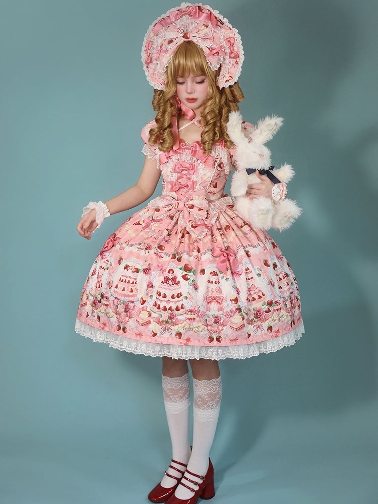 Print Dress Sweet Lolita Bow Set Pink / Accents Strawberry Cake Full