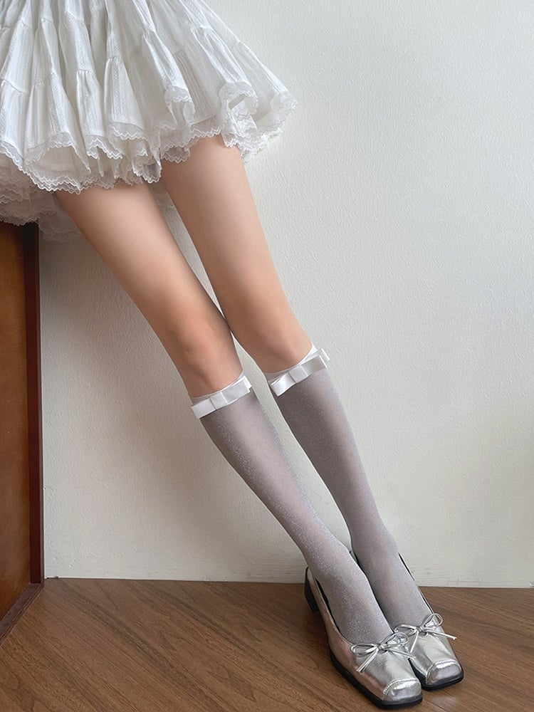 Details Stockings Underknee Light Semi-sheer Bowknot Grey/Black