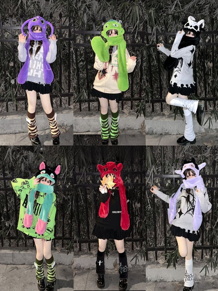 Écharpe d'hiver gothique Red Devil, gants, bonnet en peluche