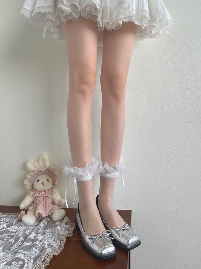 Ruffled Lace Tulle Socks White/Black Calf