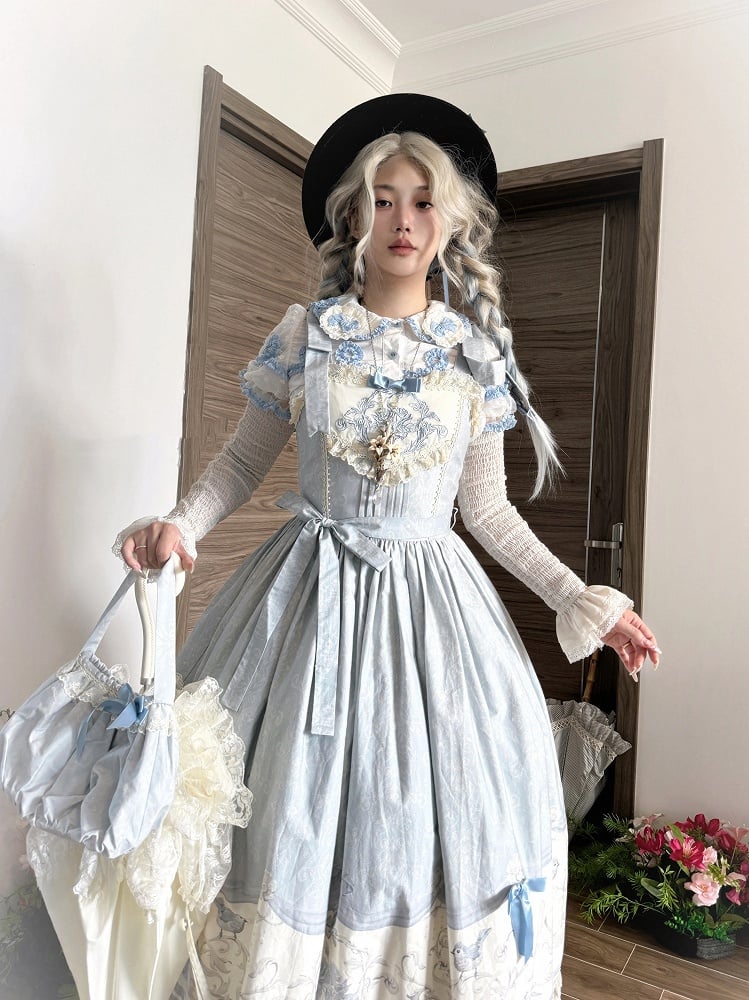 Blue Jumper Floral and Titmouse Print Skirt Lolita