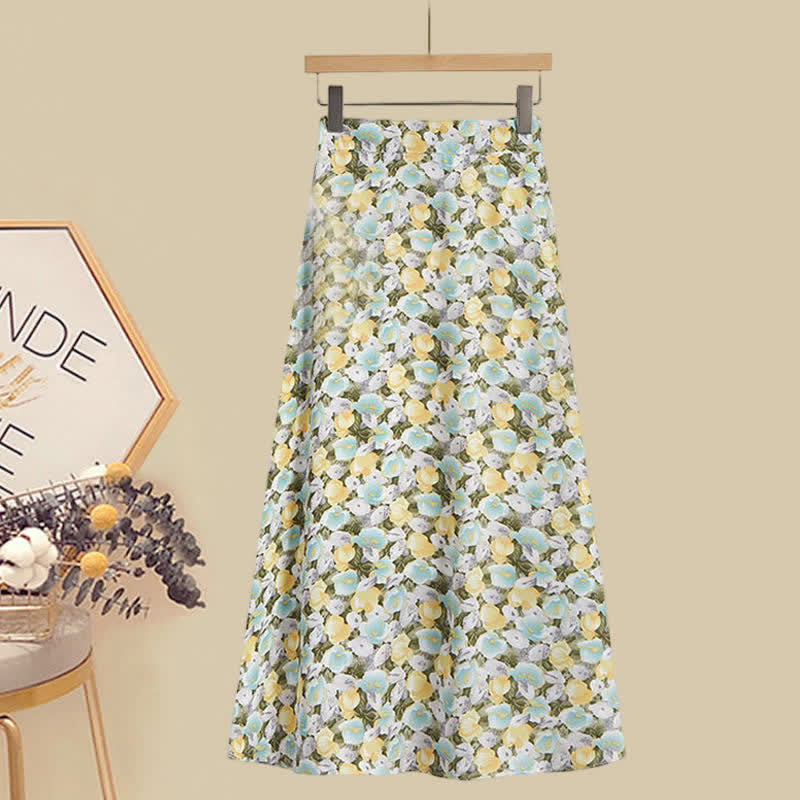 Ensemble t-shirt à col carré et jupe à imprimé floral de couleur unie