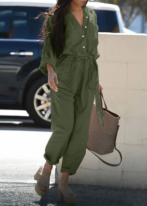 Tunic Pockets Bohemian Collar Jumpsuit Pink Fall Peter Pan