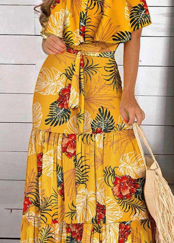 Print Dress Bohemian Short Yellow Wrinkled Sleeve Maxi Cold Shoulder
