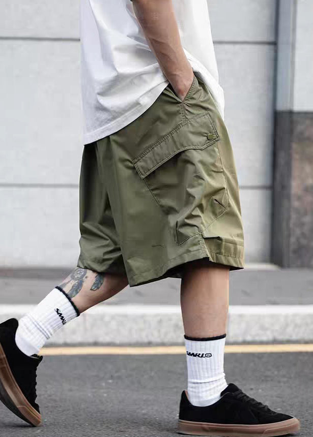 Summer Pockets Cotton Men Solid Waist Shorts Elastic Black Casual