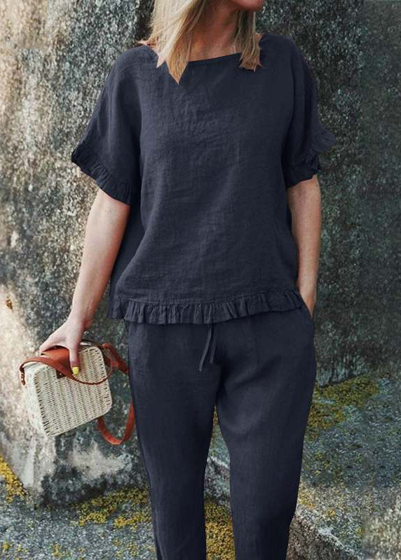 Two Patchwork Black Casual And Ruffled Pants Solid Top Crop