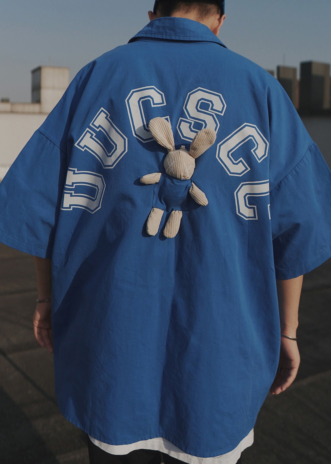 Men Sleeve Blue Oversized Letter Shirts Cotton Patchwork Half T Casual