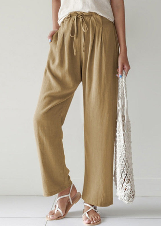 Pants Pockets Summer Lace Up Cotton Casual Blue