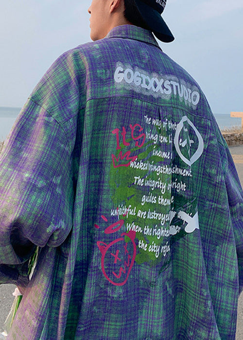 Spring Shirts Chic Plaid Tie Cotton Men's Oversized Green Dye