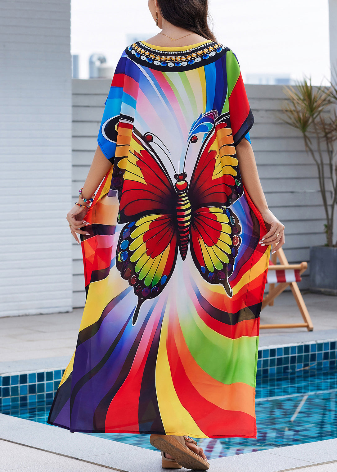 Fashion Print Open Maxi Summer Dress Rainbow Butterfly Side