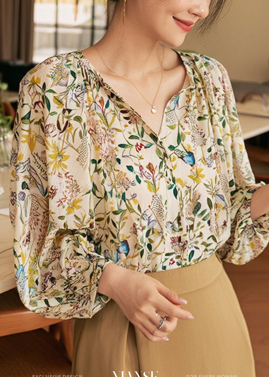 V Print Fashion Neck Sleeve Lantern Shirts