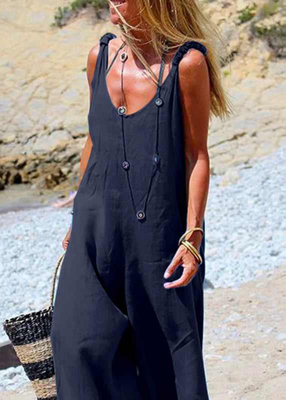 Side leg Female Blue Wide Jumpsuit Sleeveless Button Navy