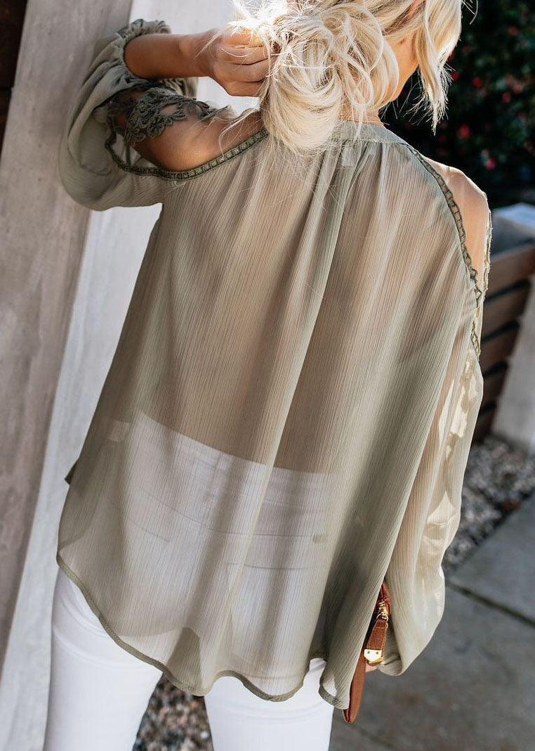 Army Fall Patchwork Chiffon Tulle Italian Top Green