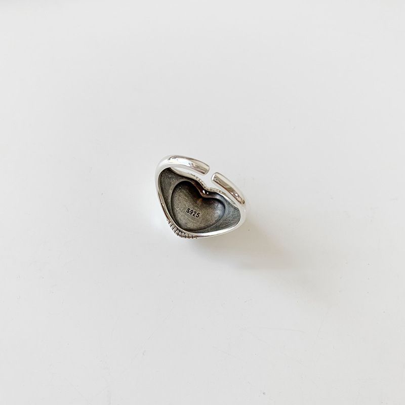 Bague ouverte en argent sterling 925 avec chevalière en forme de cœur / Bague ouverte en argent sterling 925 avec chaîne découpée