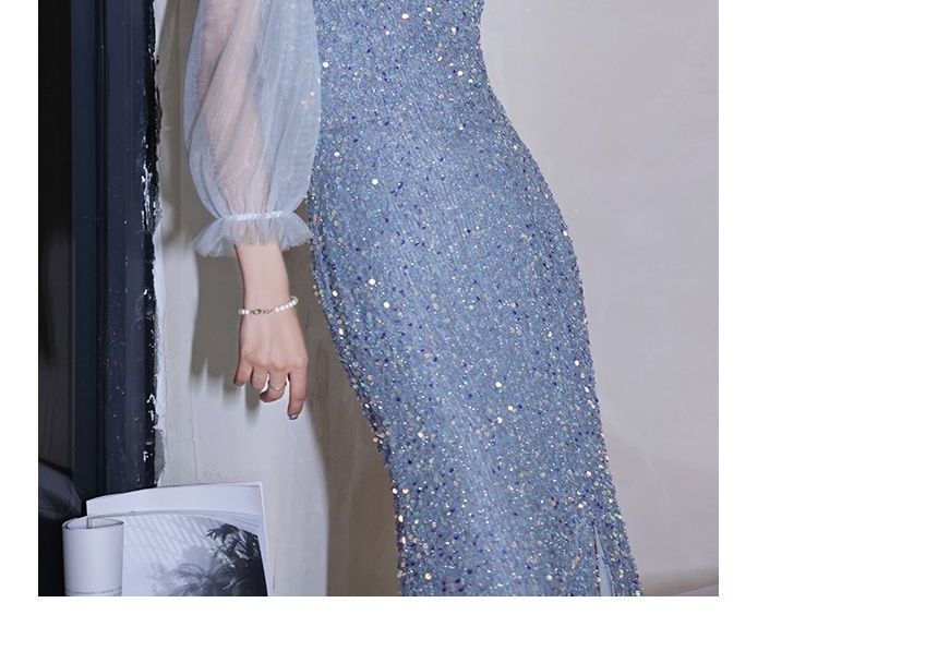 Cold-Shoulder Sequin Evening Gown Sheath