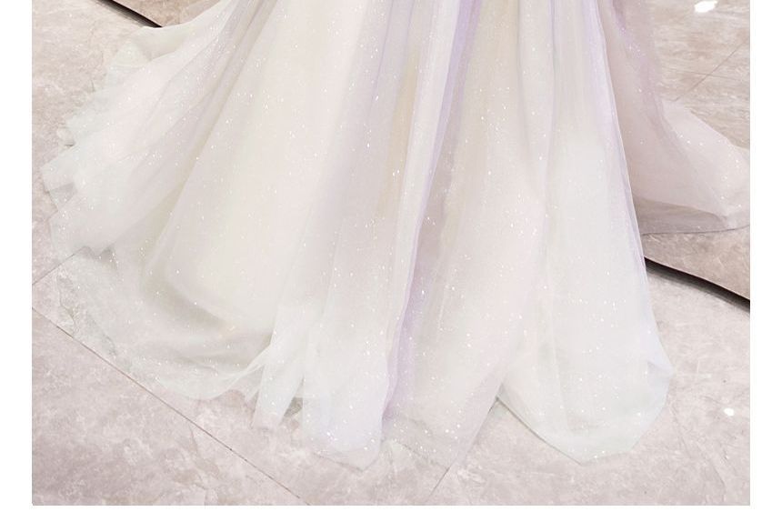 Strap Spaghetti Evening Gown Sweetheart Gradient A-Line Neckline Mesh Rhinestone