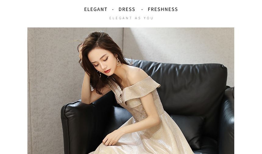 Shoulder Evening / Gown Off Dress Glitter A-Line Cocktail