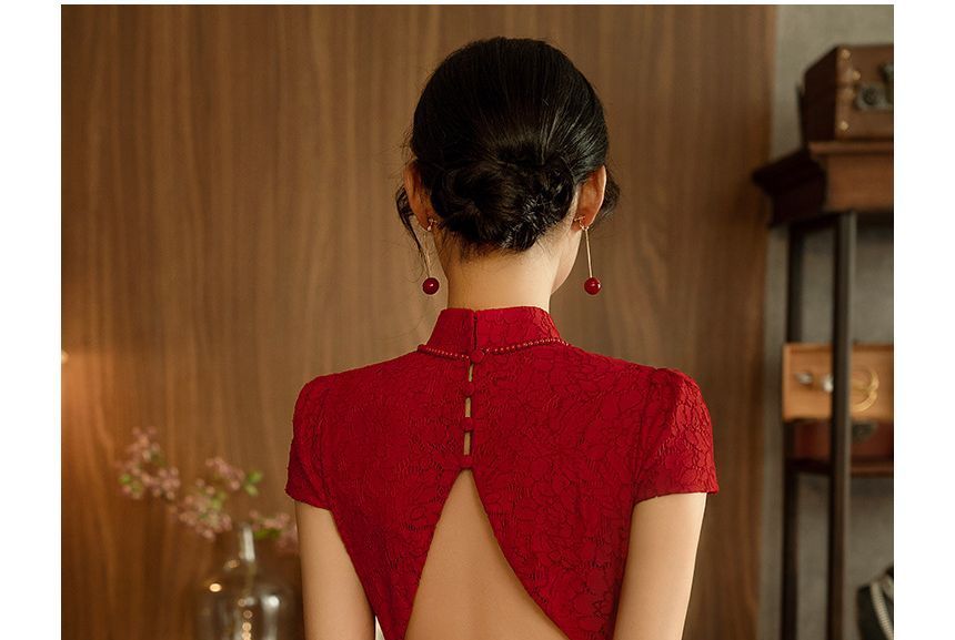 Sheath Dress Midi Frog Buttoned Plain Short-Sleeve