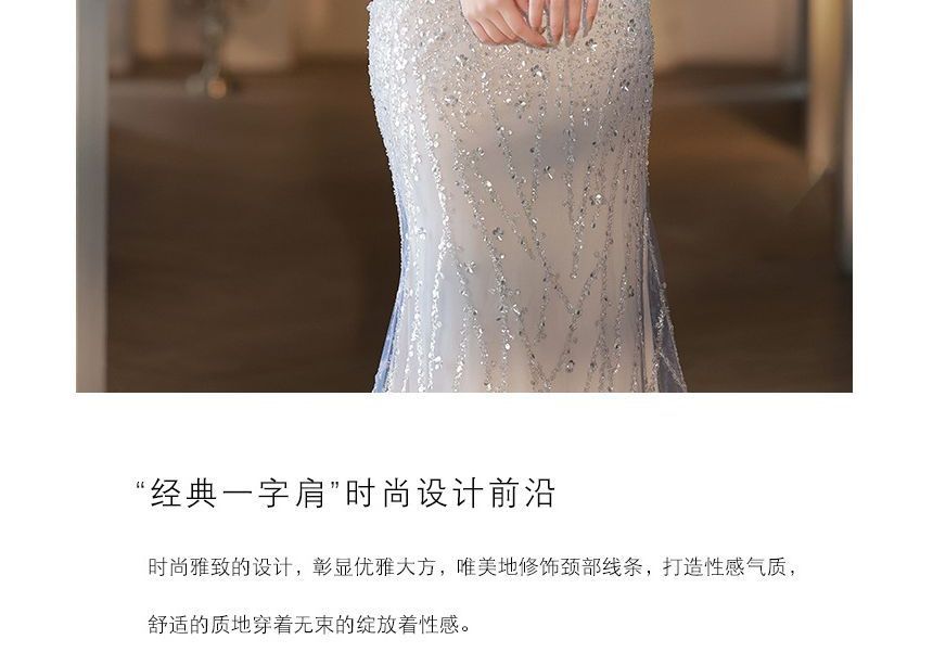 Evening A-Line Mesh Gown Shoulder Off Trained