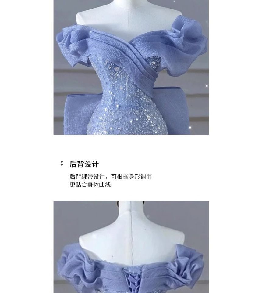 Robe de soirée sirène à manches courtes et épaules dénudées avec empiècement en paillettes et nœud froncé