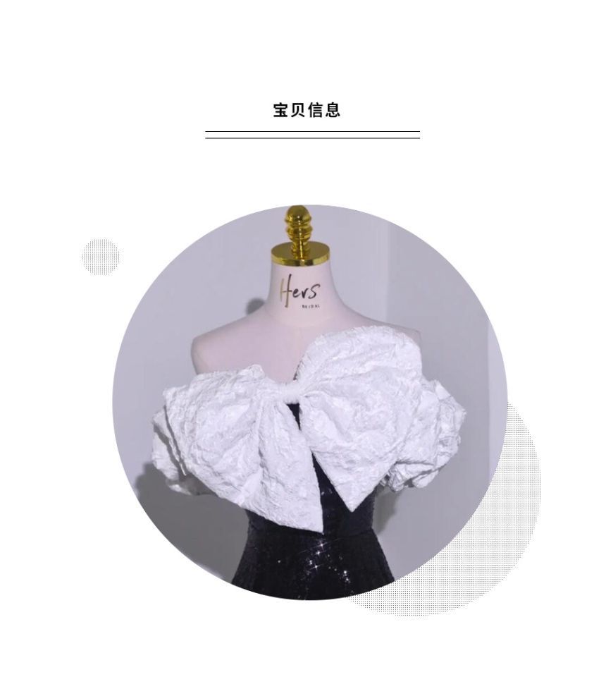 Robe de soirée trapèze à manches courtes et épaules dénudées, bicolore, volants, nœud, sequins