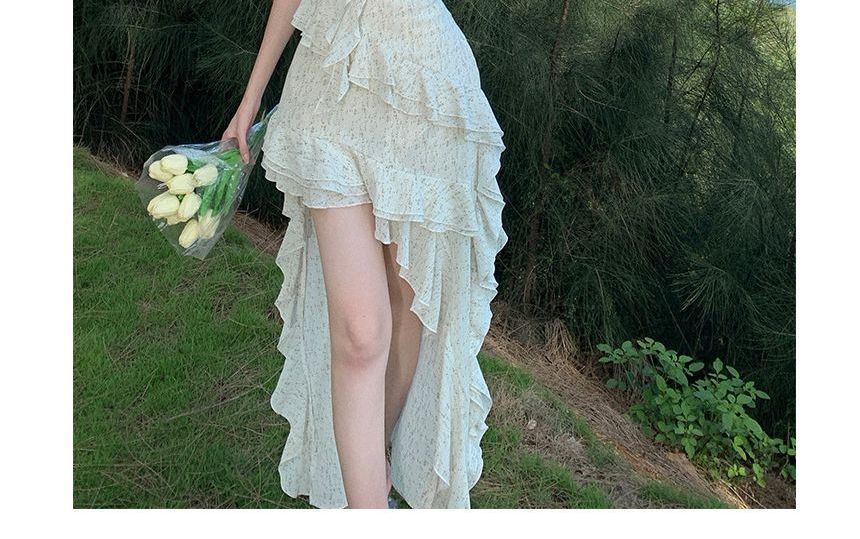 Floral Trim Dress Ruffle Maxi A-Line Spaghetti Strap