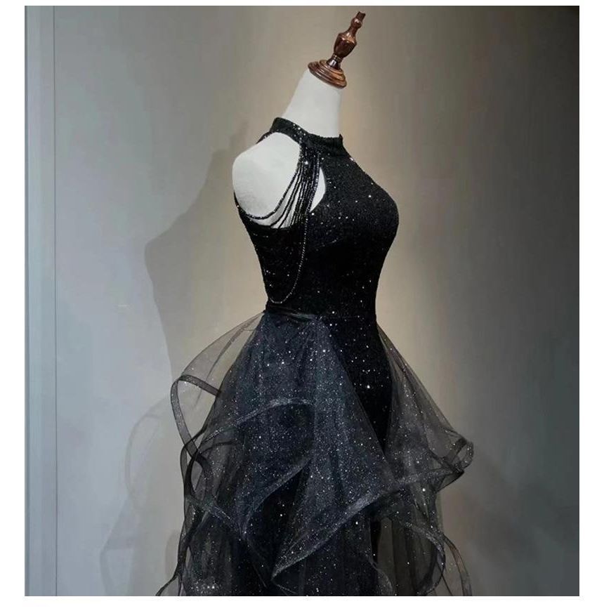 Panel Sleeveless Glitter Beaded Gown A-Line Evening Crew Ruffle Mesh Neck Plain