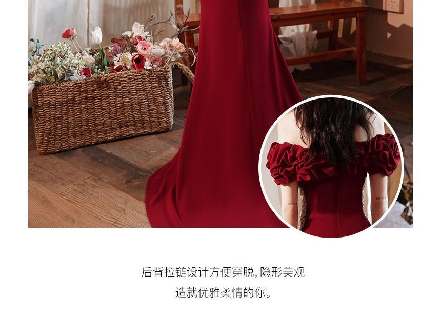 Plain Mesh Ruched Evening Off Shoulder Short-Sleeve Mermaid Panel Gown Beaded