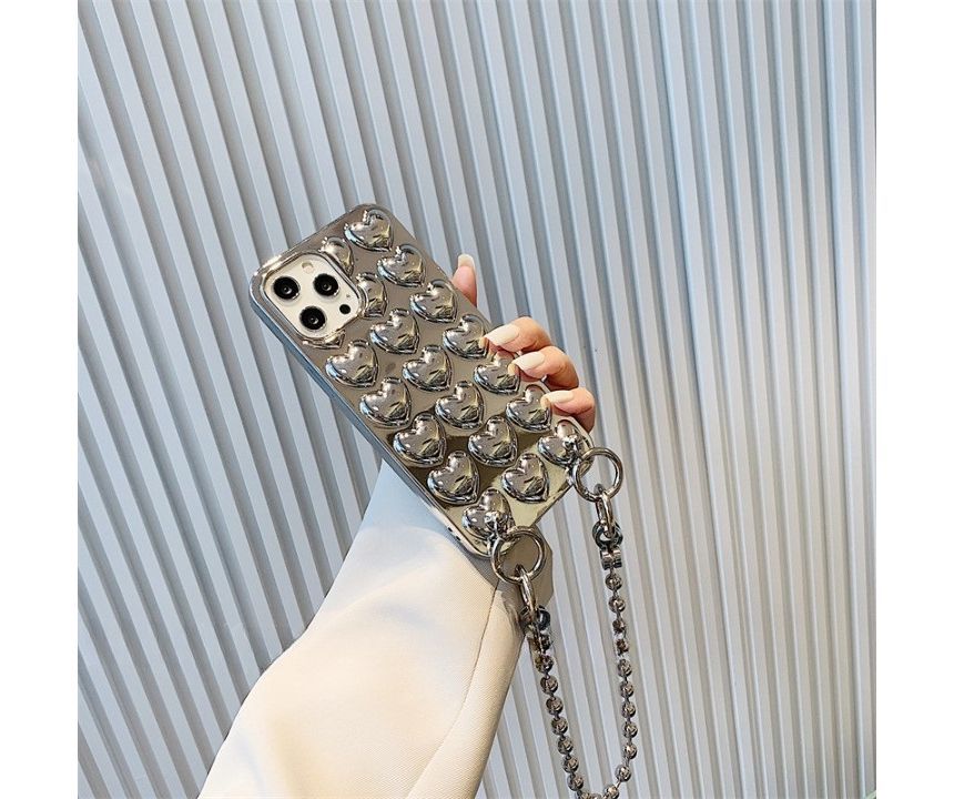 Metallic Heart Phone Case With Strap For iPhone 11, 11 Pro, 11 Pro Max, 12/12 Pro, 12 Pro Max, 13, 13 Pro, 13 Pro Max, 14, 14 Plus, 14 Pro, 14 Pro Max
