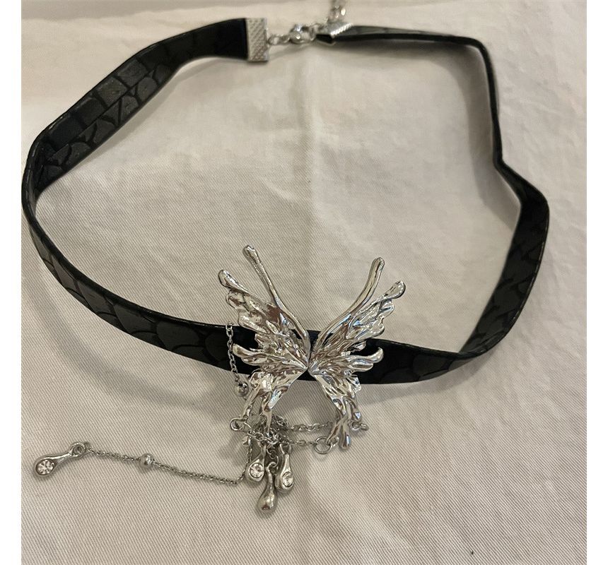 Faux Rhinestone Fringed Choker Butterfly Leather