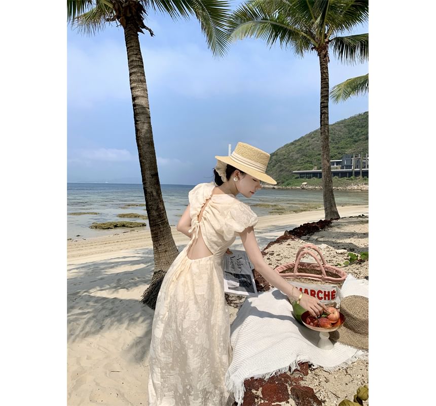 Robe d'été mi-longue à manches bouffantes et cordon de serrage à imprimé floral et dos ouvert