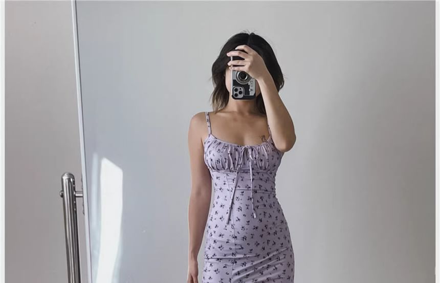 Dress Print Spaghetti Scoop Midi Neck Floral Bodycon Ruched Strap