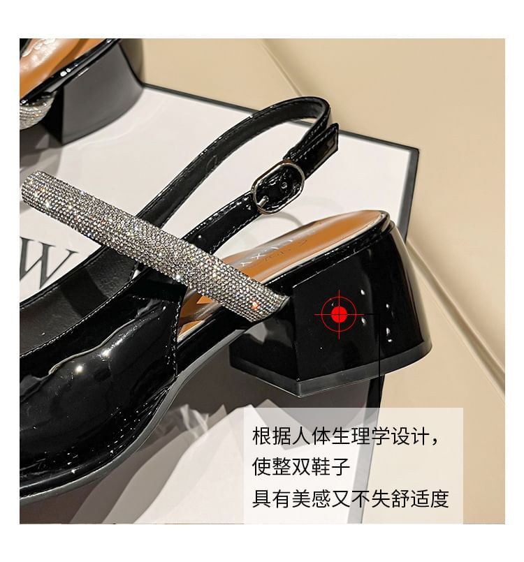 Slingback Pumps Toe Block Square Heel Rhinestone Jane Mary