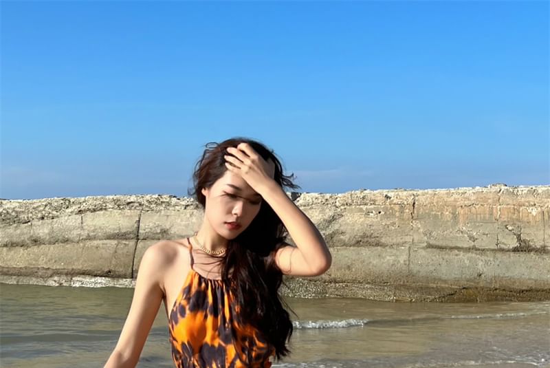 Set: Halter Neck Flower Camisole Top + Mid Rise Midi A-Line Skirt