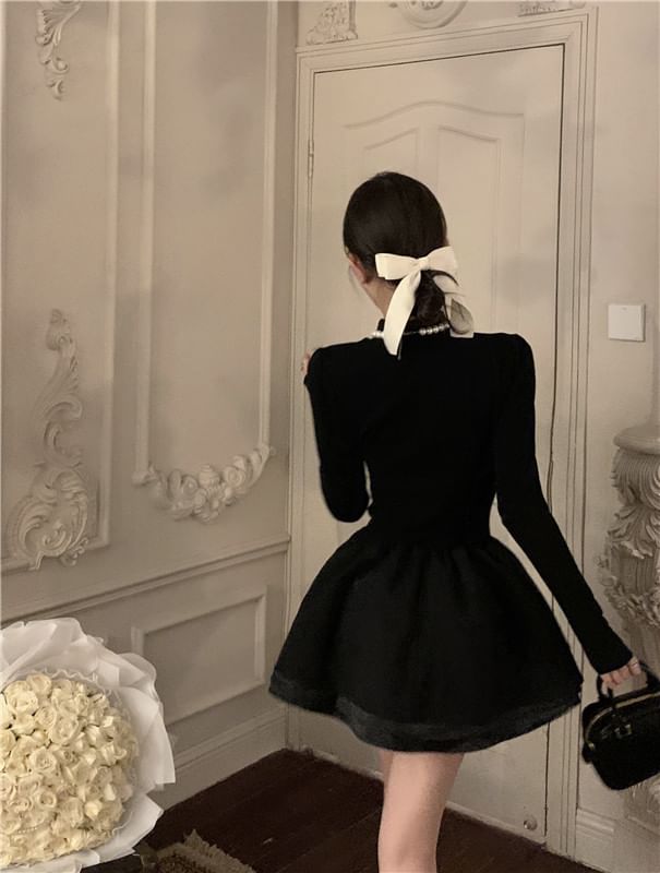 Mini Mock A-Line Plain Layered Long-Sleeve Neck Knit Dress