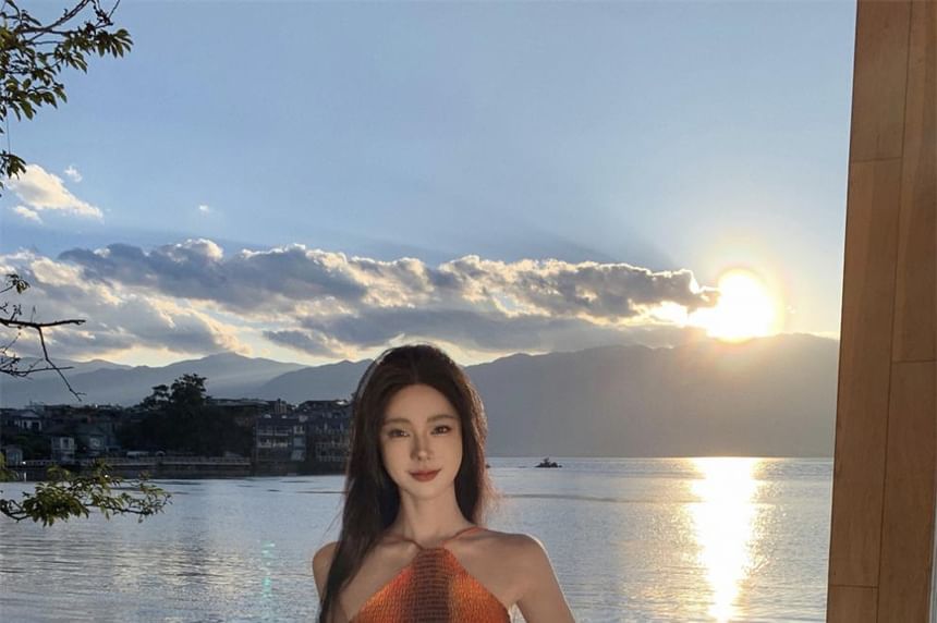 Maxi Smocked Tie A-Line Open Halter Back Dye Neck Dress