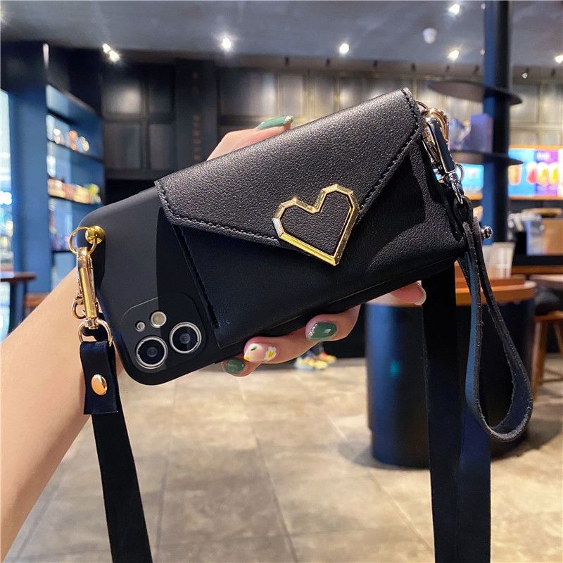 Heart Applique Phone Case With Card Holder And Crossbody Strap For iPhone 11, 11 Pro, 11 Pro Max, 12/12 Pro, 12 Pro Max, 13, 13 Pro, 13 Pro Max, 14, 14 Plus, 14 Pro, 14 Pro Max, 15, 15 Pro, 15 Pro Max