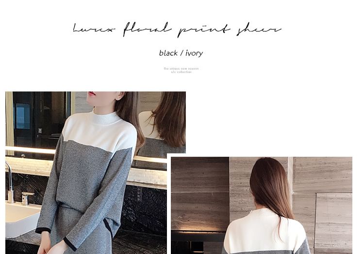 Ensemble : pull bicolore à col montant + jupe droite mi-longue rayée à taille haute