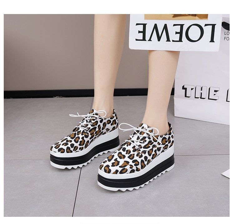 Platform Shoes Lace-Up Leopard Print