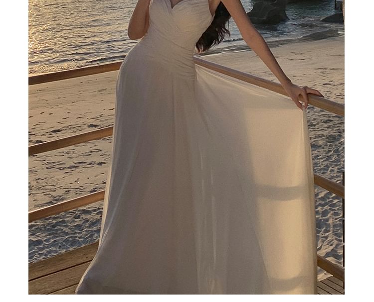 Robe trapèze longue à bretelles spaghetti, col en V, froncée, unie, traînée, dos ouvert