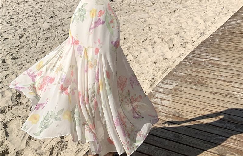 Robe longue sirène à bretelles spaghetti, col bénitier, imprimé floral, dos ouvert