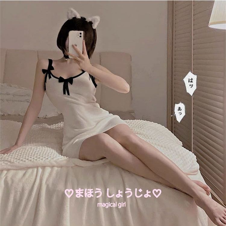 Strap Trim Dress Bow Contrast Mini Spaghetti Bodycon